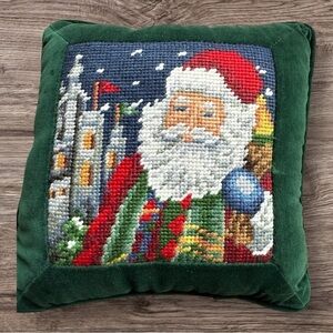Santa Needlepoint Pillow with a Green Velvet Backing